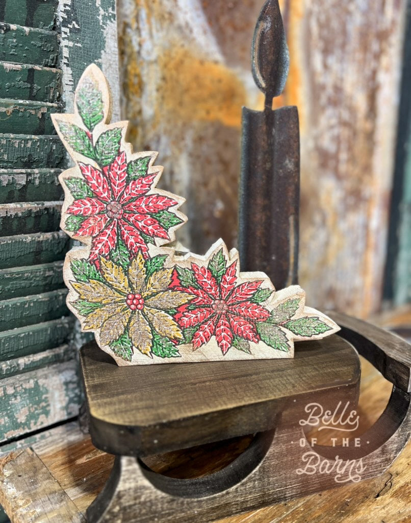 Vintage Paper + Wood Poinsettia Bookend