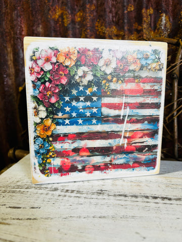 Floral American Flag Print Block 5x5