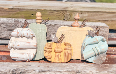 Wood Pumpkin Bundle {Spindle Pumpkins set of 3 + Set of 2 Wooden Pumpkins with rusty leaves)