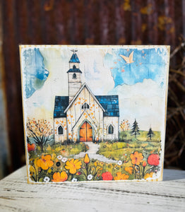 Little church in the Wildwood Print Block 7x7