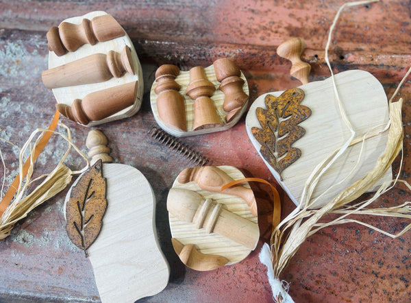 Wood Pumpkin Bundle {Spindle Pumpkins set of 3 + Set of 2 Wooden Pumpkins with rusty leaves)